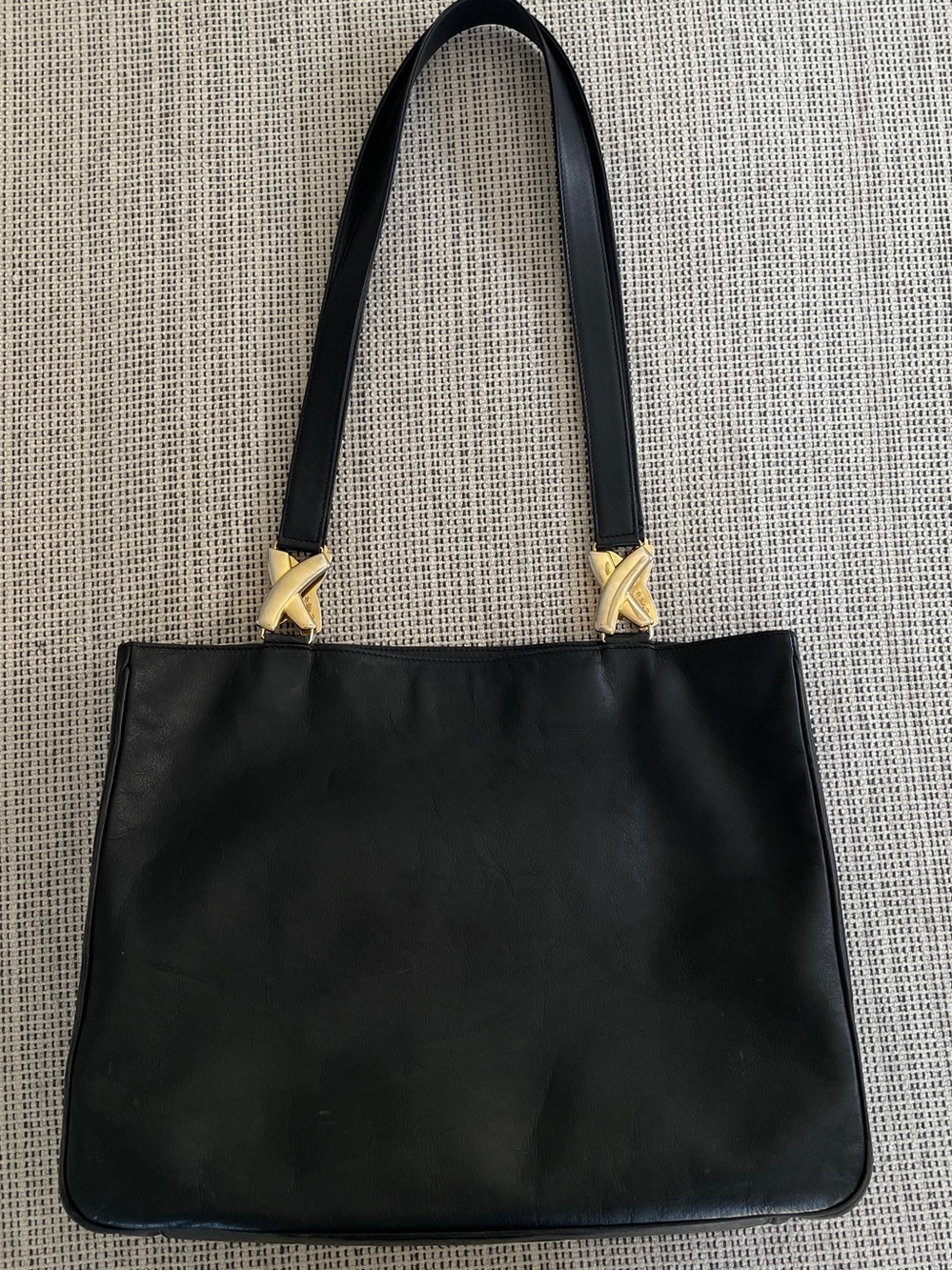 Vintage Paloma Picasso Black Leather Tote Shoulder Bag Gold X Logo Italy